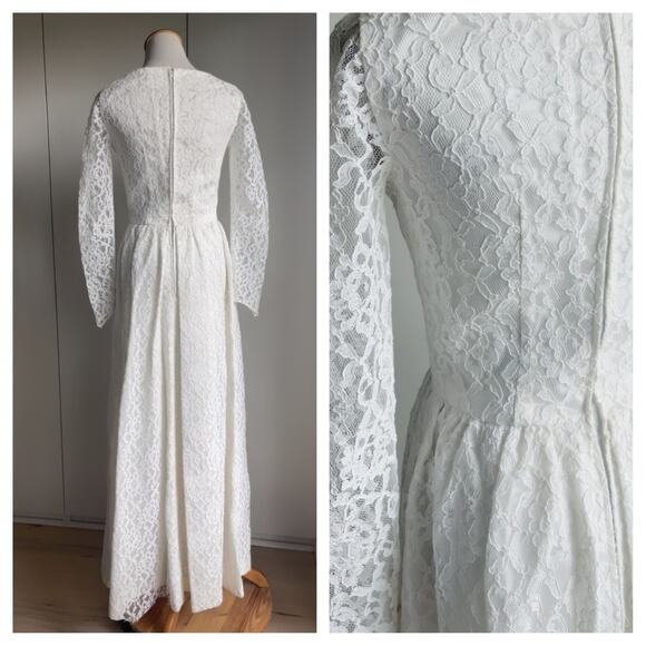 Vintage Lace White Wedding Gown Floor Length Size 4 long Sleeve Elegant Classic - Picture 6 of 9